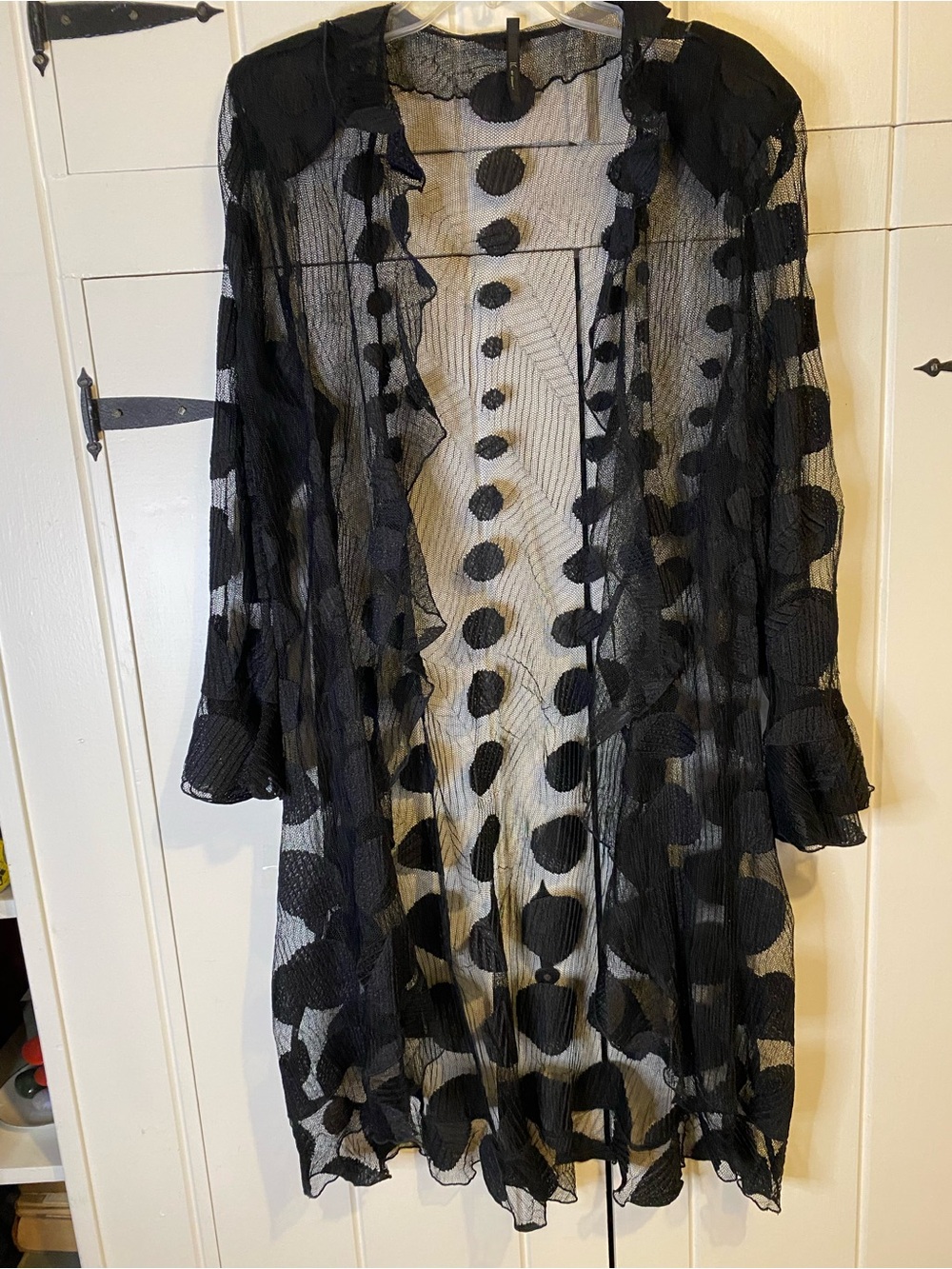 Sheer Black Polka Dot Duster Cardigan. Gently ruffled neckline, sleeves & border